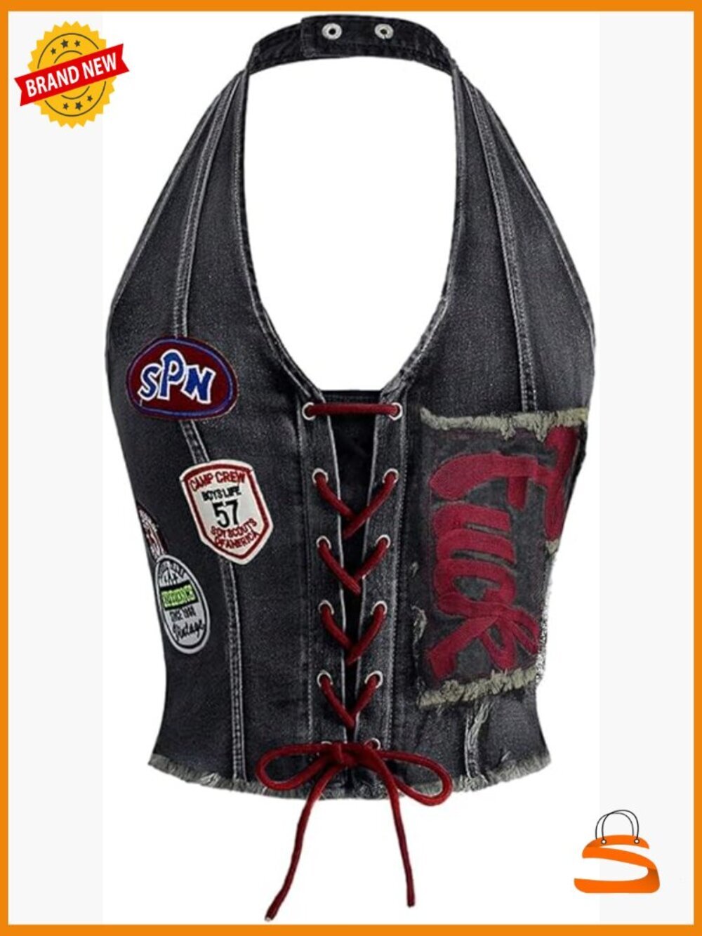 Y2k Graphic Crop Denim Halter Corset Top Lace Up Smocked Fitted Going Out Vest